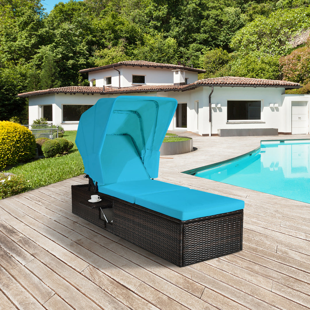 2PCS Rattan Patio Chaise Lounge Chair W/ Adjustable Canopy Turquoise Cushion Image 4