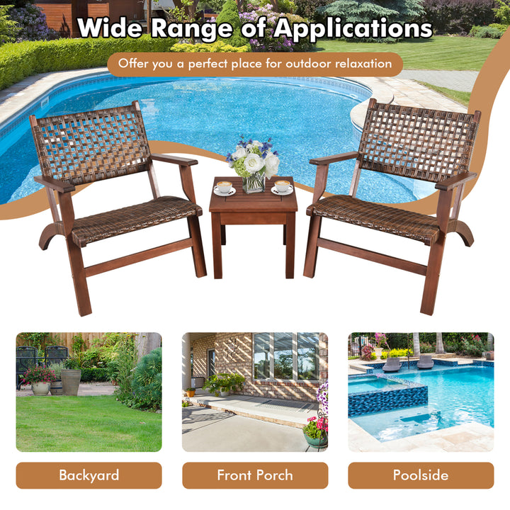 3PCS Rattan Patio Chair and Table Set Outdoor Furniture Set w/ Wooden Frame Image 7