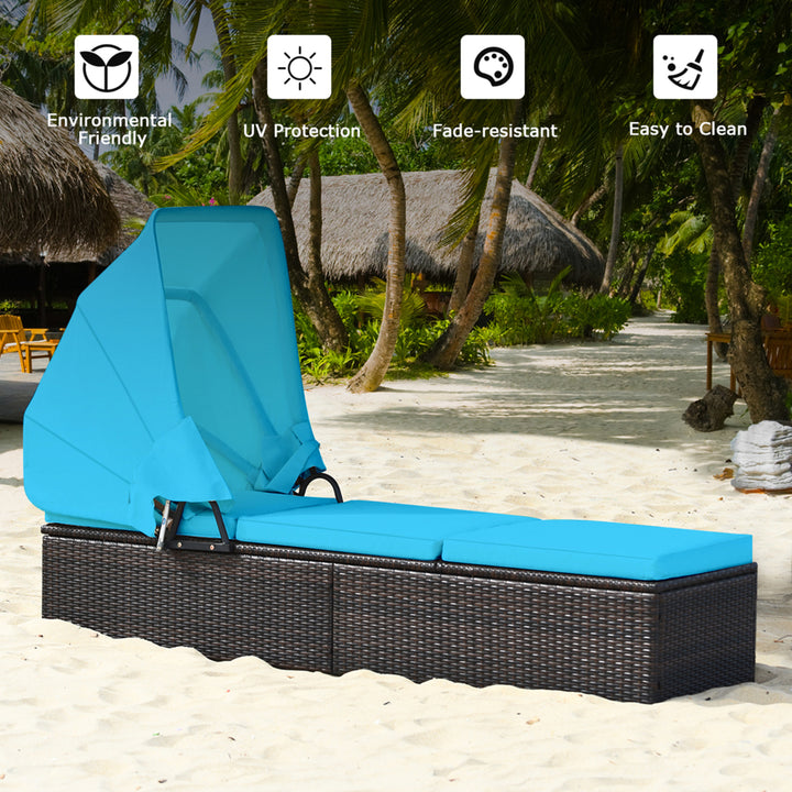 2PCS Rattan Patio Chaise Lounge Chair W/ Adjustable Canopy Turquoise Cushion Image 5