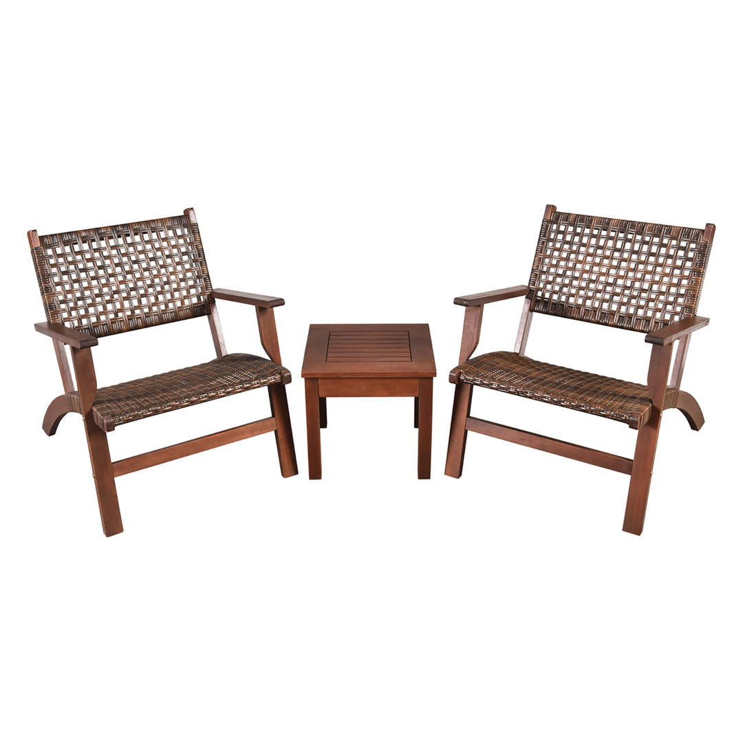 3PCS Rattan Patio Chair and Table Set Outdoor Furniture Set w/ Wooden Frame Image 8