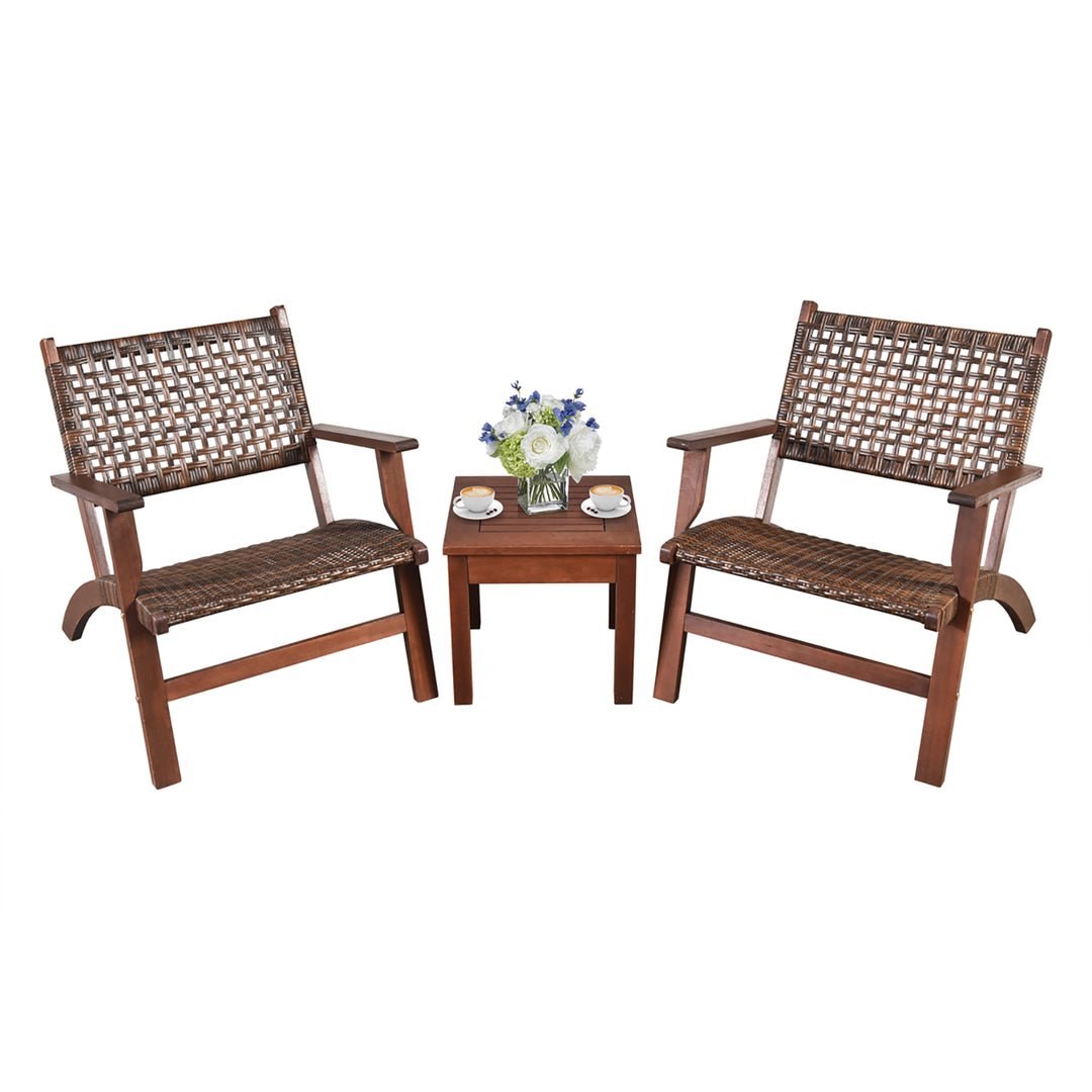 3PCS Rattan Patio Chair and Table Set Outdoor Furniture Set w/ Wooden Frame Image 2