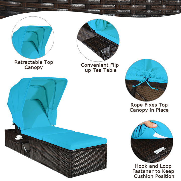 2PCS Rattan Patio Chaise Lounge Chair W/ Adjustable Canopy Turquoise Cushion Image 8