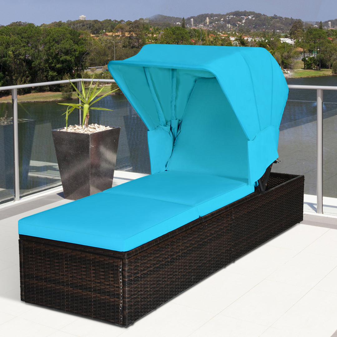 Rattan Patio Chaise Lounge Chair W/ Adjustable Canopy Turquoise Cushion Image 1