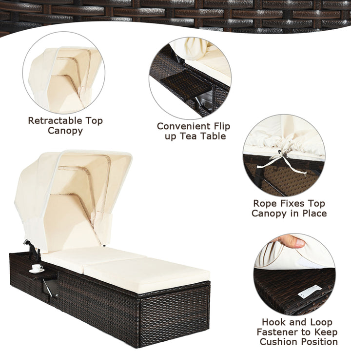 Rattan Chaise Lounge Cushioned Chair W/Adjustable Canopy Patio Image 8