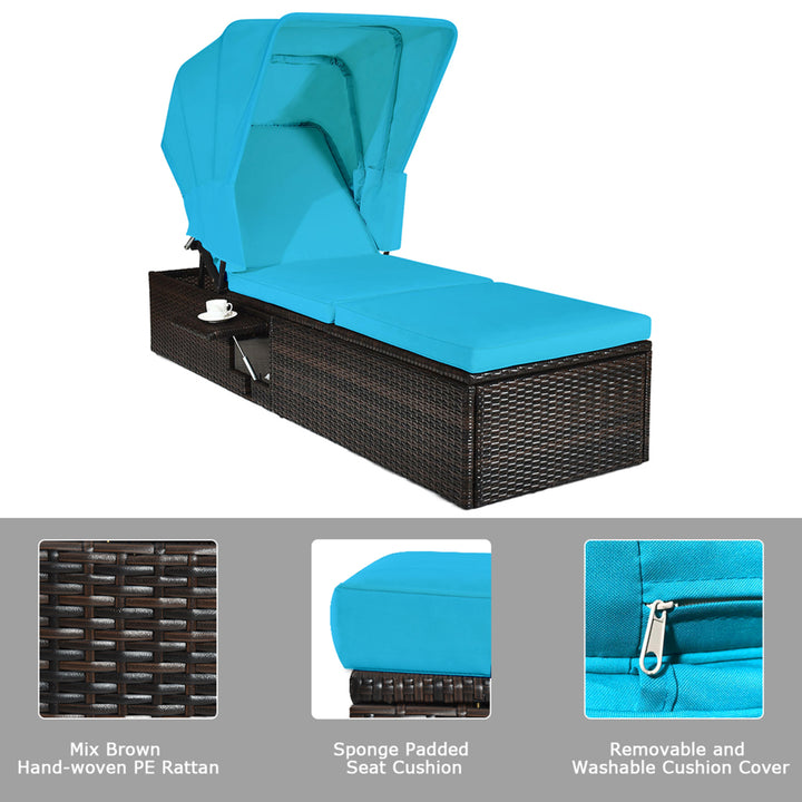 2PCS Rattan Patio Chaise Lounge Chair W/ Adjustable Canopy Turquoise Cushion Image 9