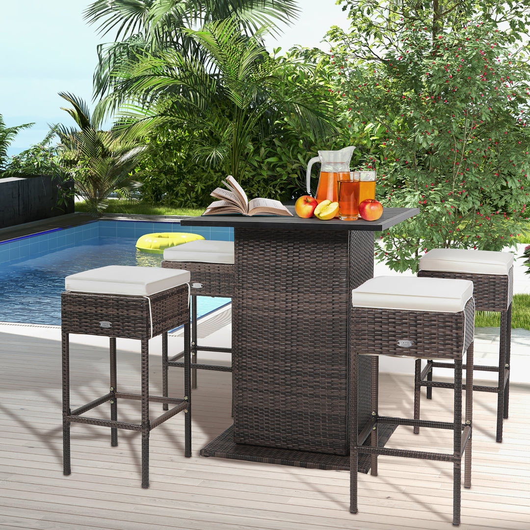 5PCS Patio Bar Set Rattan Bar Furniture Set w/ Table and 4 Cushioned Stools Image 1