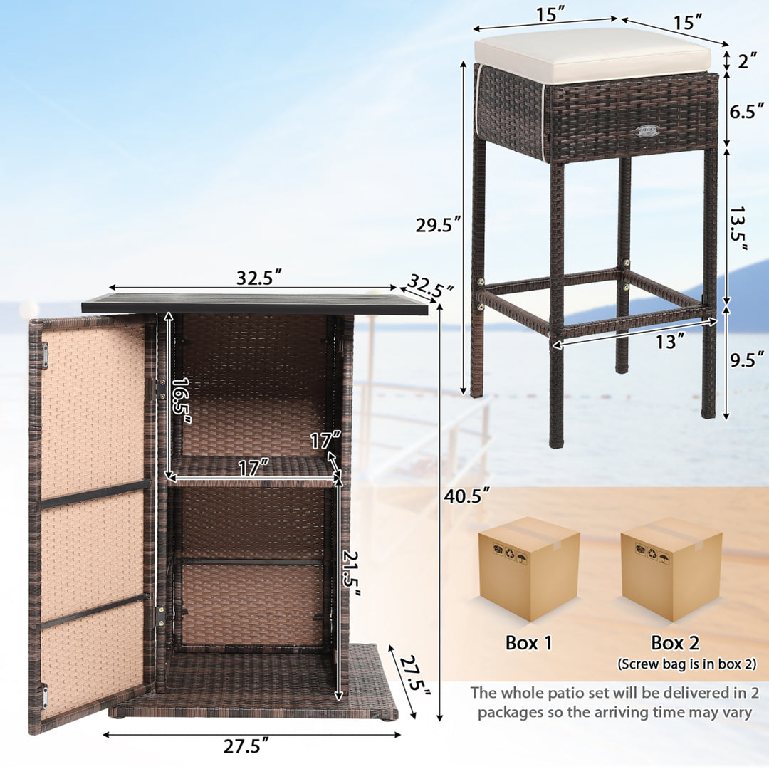 5PCS Patio Bar Set Rattan Bar Furniture Set w/ Table and 4 Cushioned Stools Image 2