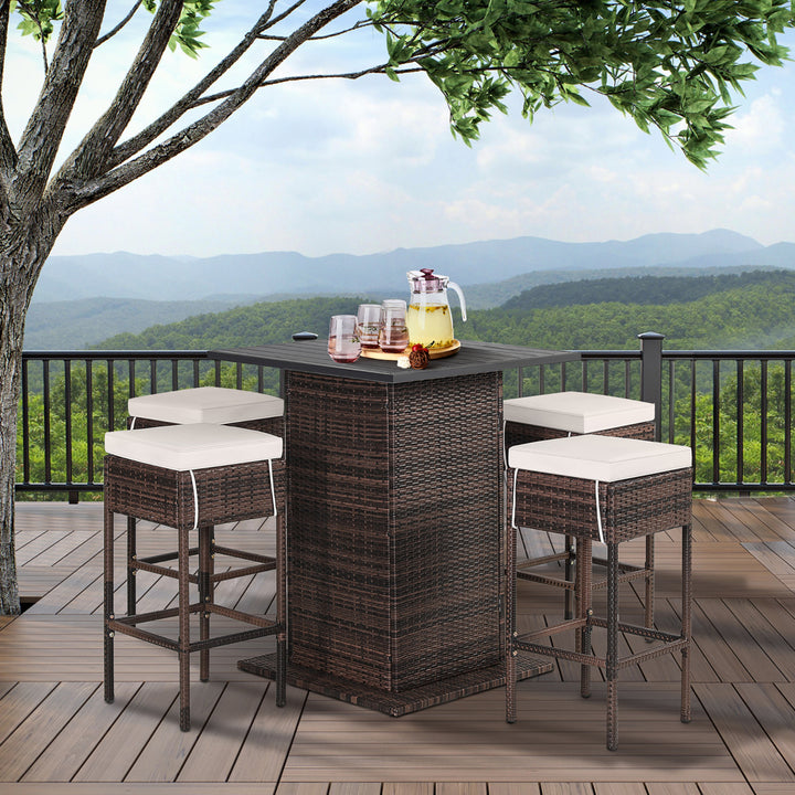 5PCS Patio Bar Set Rattan Bar Furniture Set w/ Table and 4 Cushioned Stools Image 3