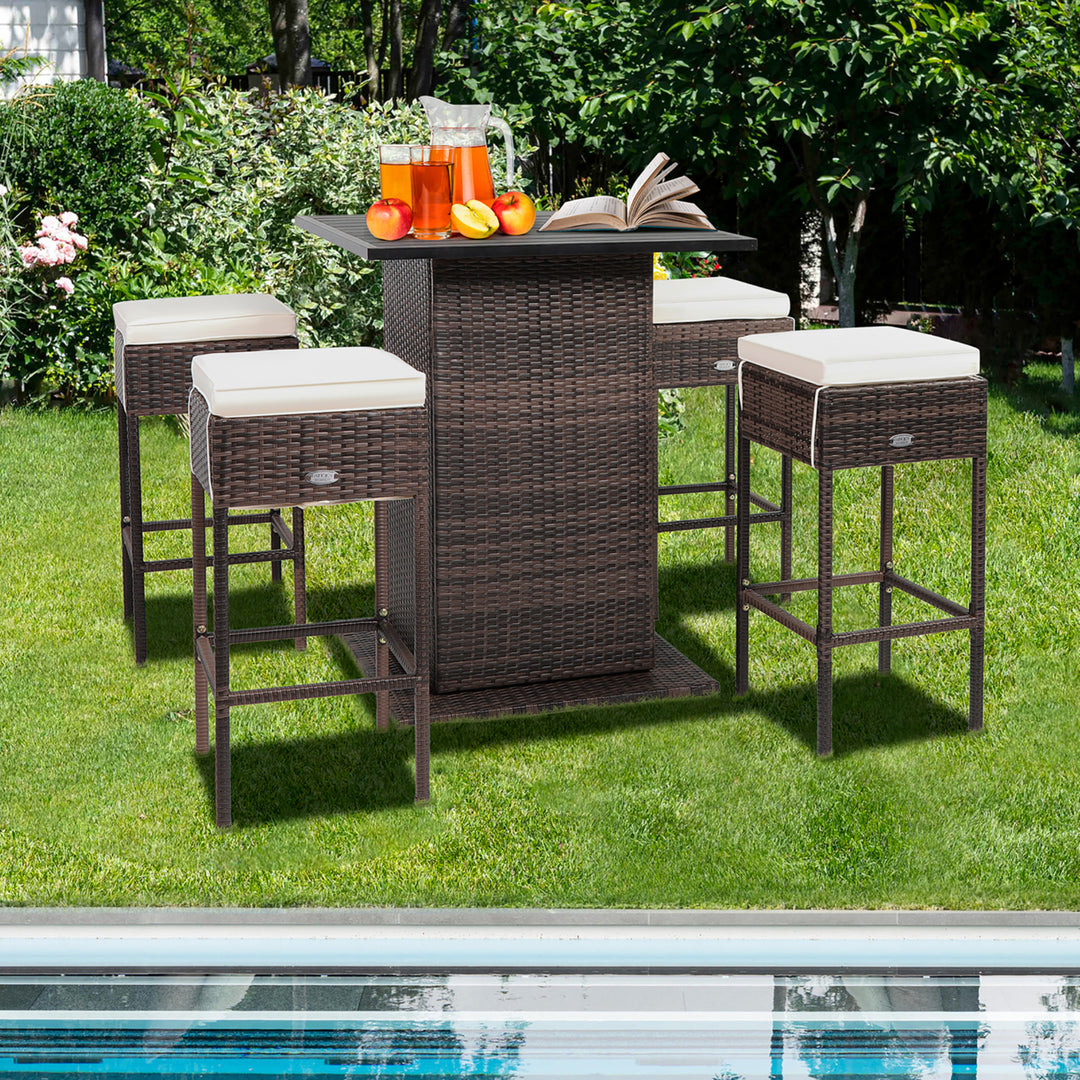 5PCS Patio Bar Set Rattan Bar Furniture Set w/ Table and 4 Cushioned Stools Image 4