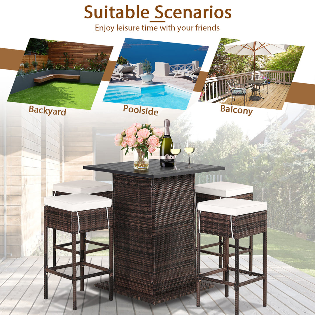 5PCS Patio Bar Set Rattan Bar Furniture Set w/ Table and 4 Cushioned Stools Image 8