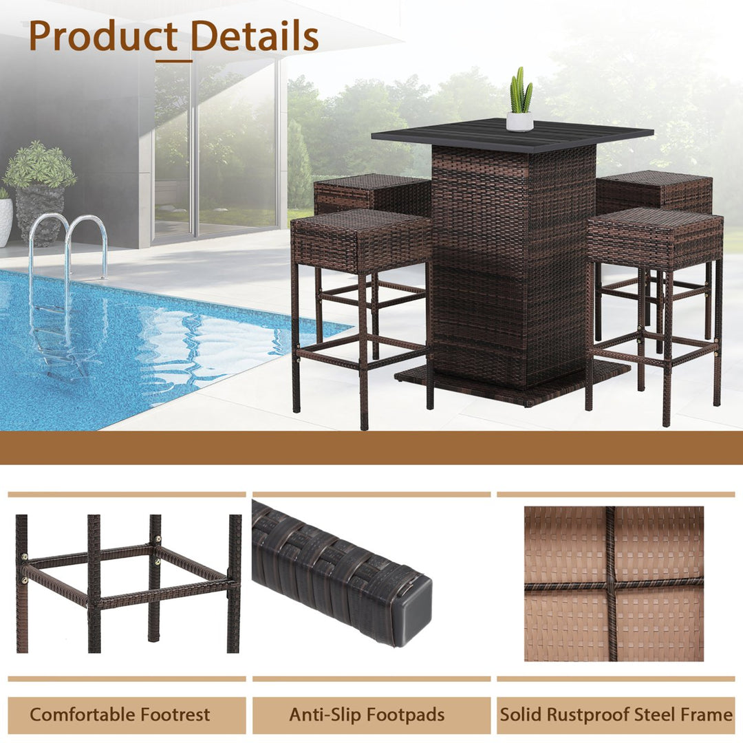 5PCS Patio Bar Set Rattan Bar Furniture Set w/ Table and 4 Cushioned Stools Image 9