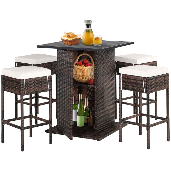 5PCS Patio Bar Set Rattan Bar Furniture Set w/ Table and 4 Cushioned Stools Image 10