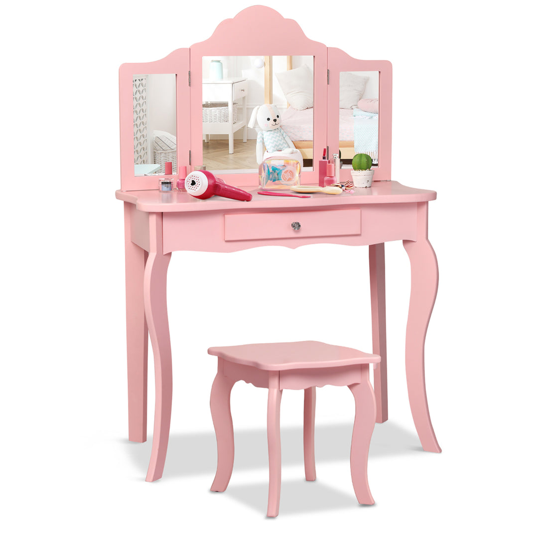 Kids Vanity Table and Stool Princess Dressing Make Up Play Set for Girls Pink Image 7