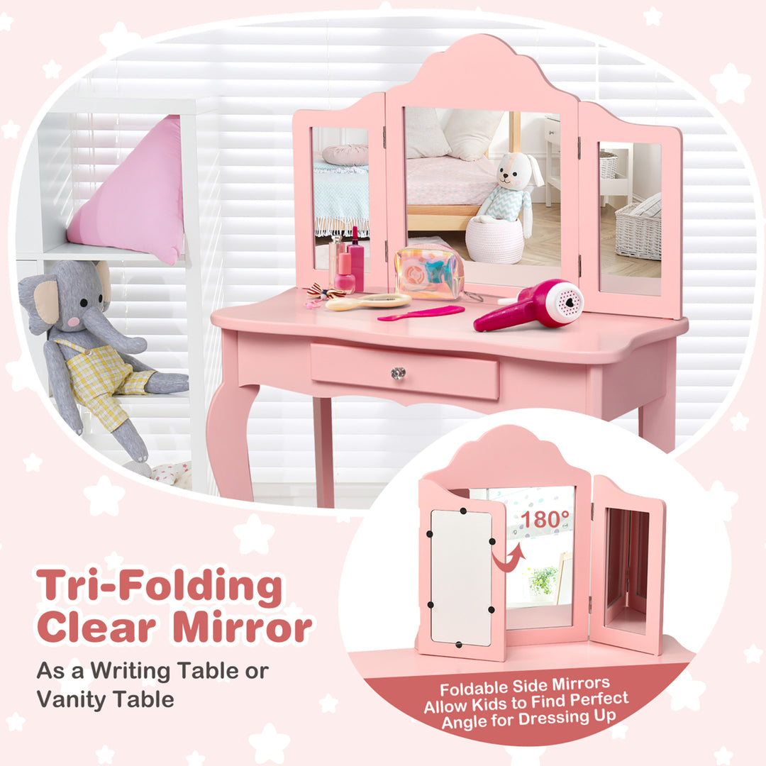 Kids Vanity Table and Stool Princess Dressing Make Up Play Set for Girls Pink Image 5