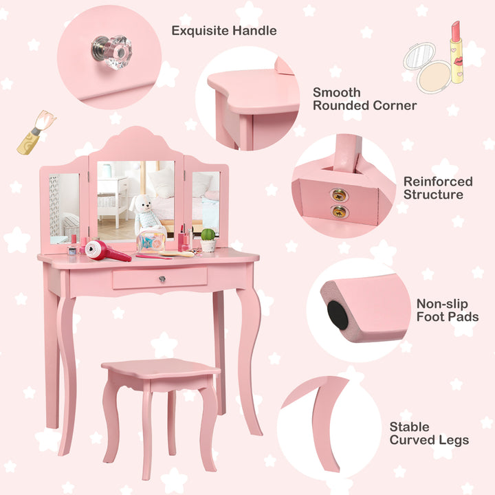 Kids Vanity Table and Stool Princess Dressing Make Up Play Set for Girls Pink Image 6