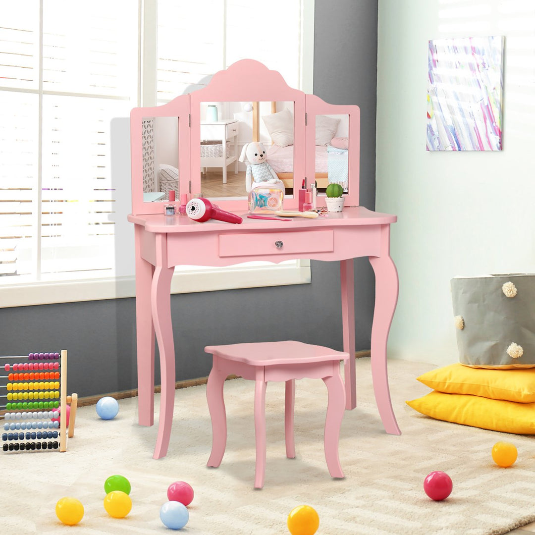 Kids Vanity Table and Stool Princess Dressing Make Up Play Set for Girls Pink Image 1