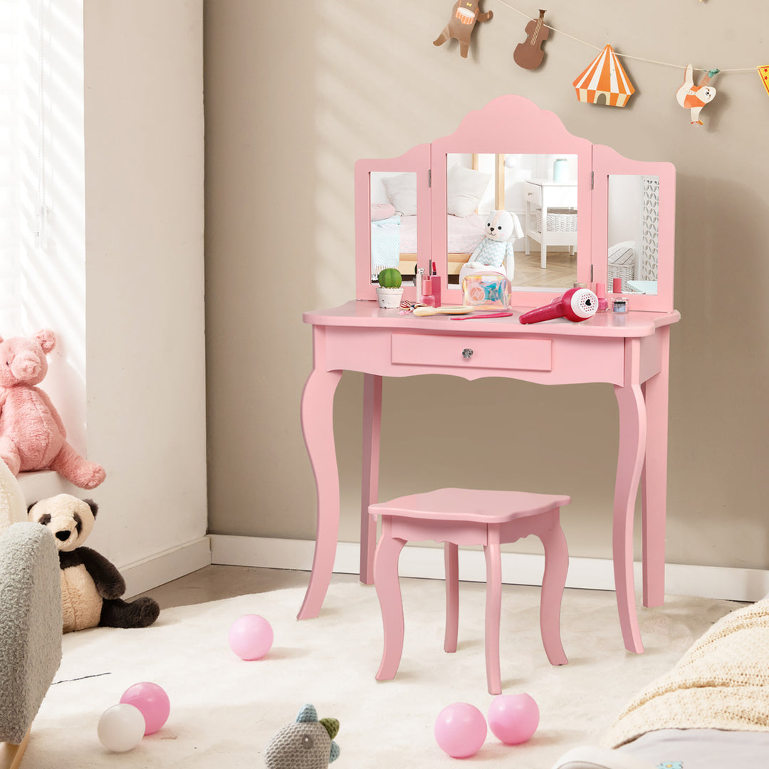 Kids Vanity Table and Stool Princess Dressing Make Up Play Set for Girls Pink Image 8