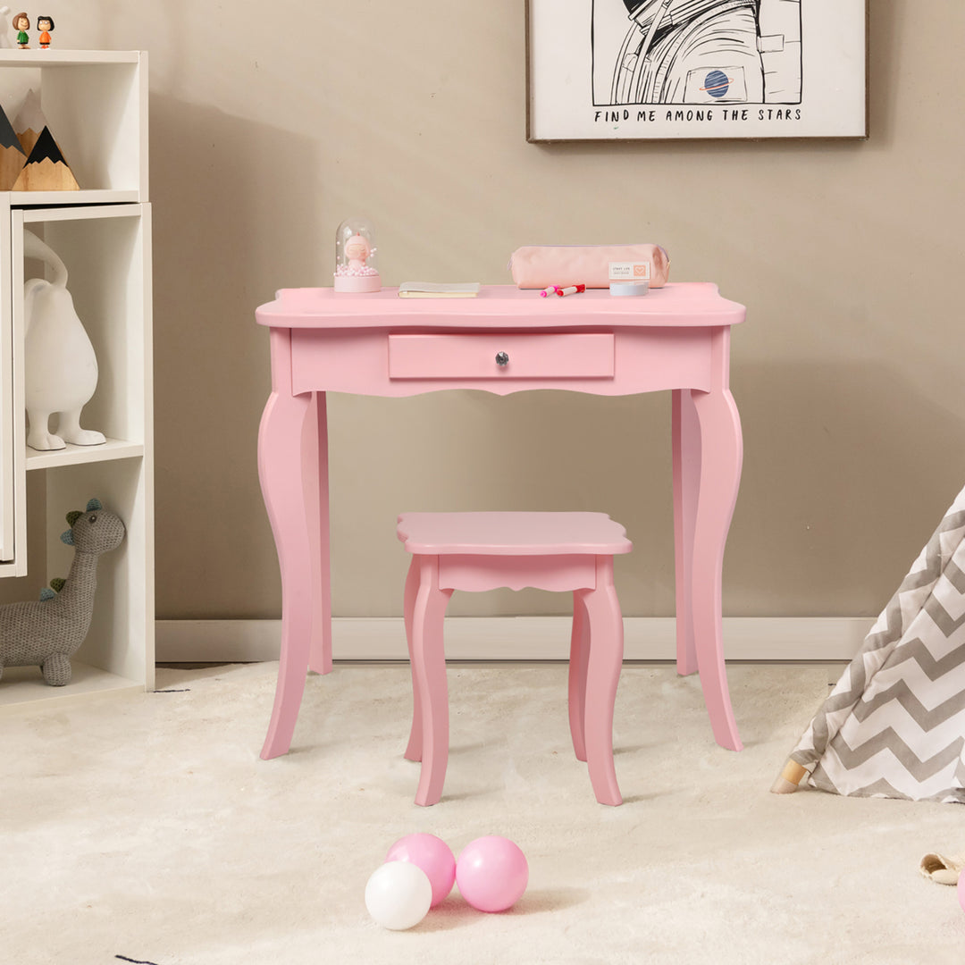 Kids Vanity Table and Stool Princess Dressing Make Up Play Set for Girls Pink Image 9