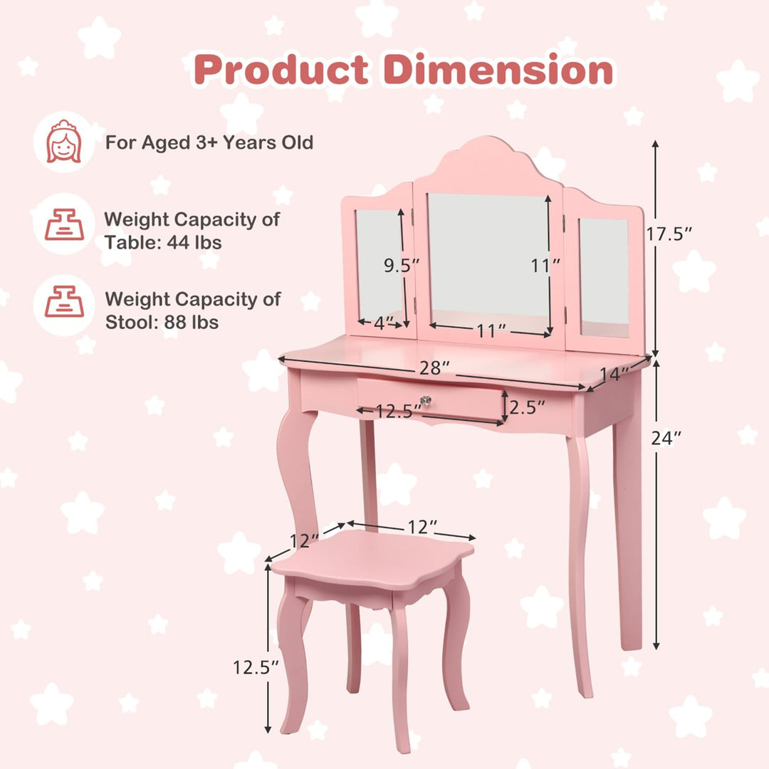 Kids Vanity Table and Stool Princess Dressing Make Up Play Set for Girls Pink Image 10