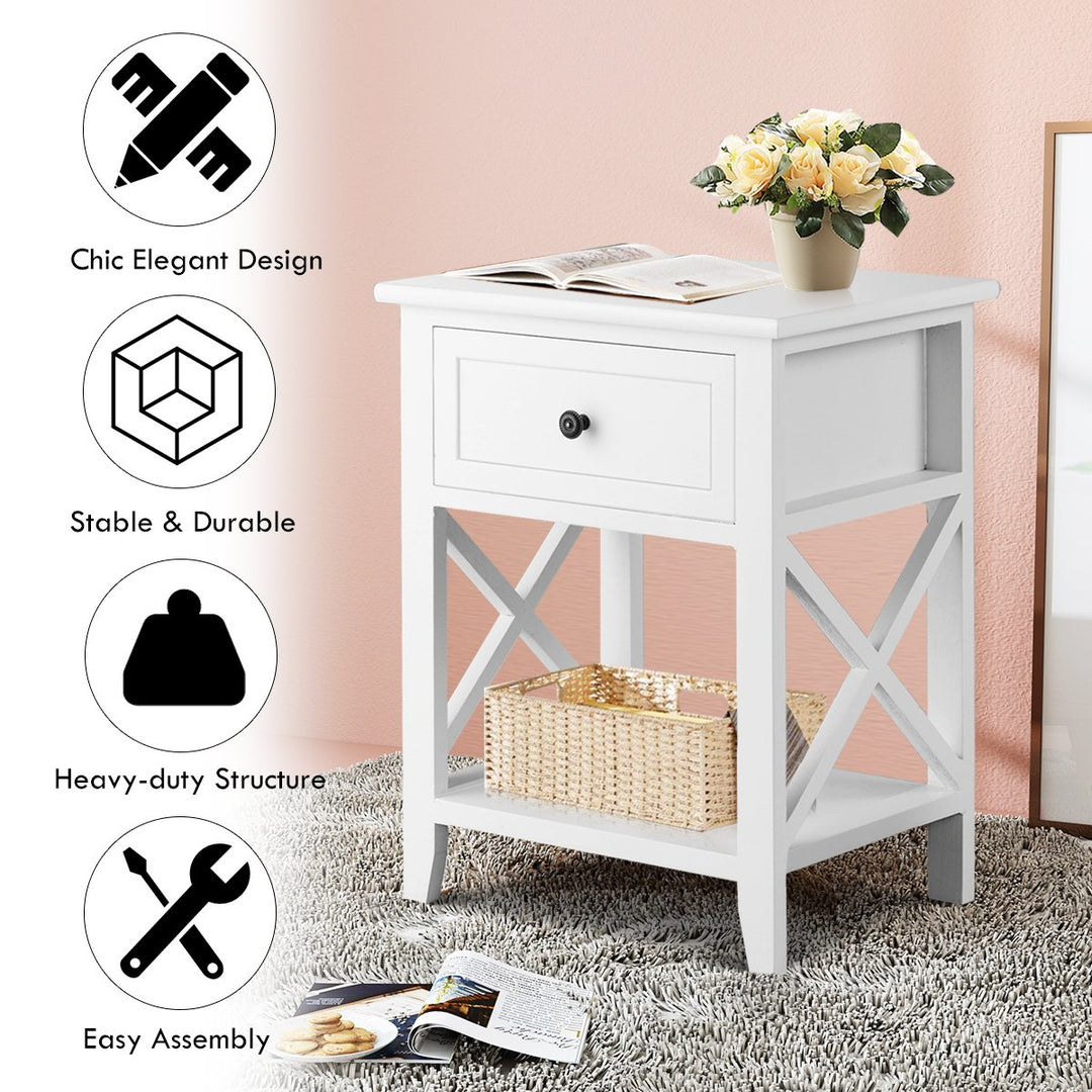 2PCS Nightstand Chair Side End Table with Drawer and Shelf Bedroom Furniture White Image 5