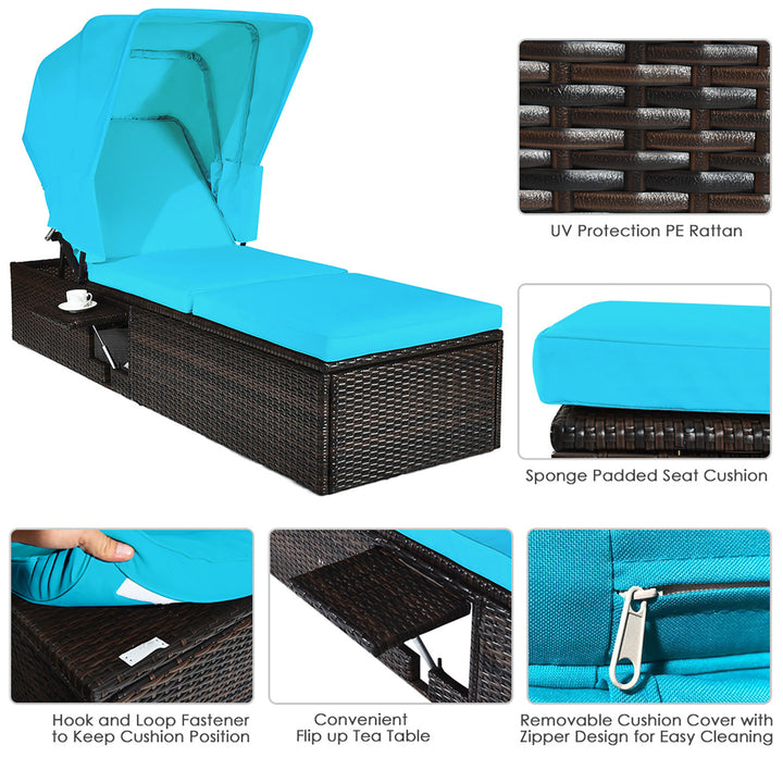 2PCS Patio Rattan Lounge Chair Chaise Cushioned Top Canopy Adjustable Turquoise Image 6