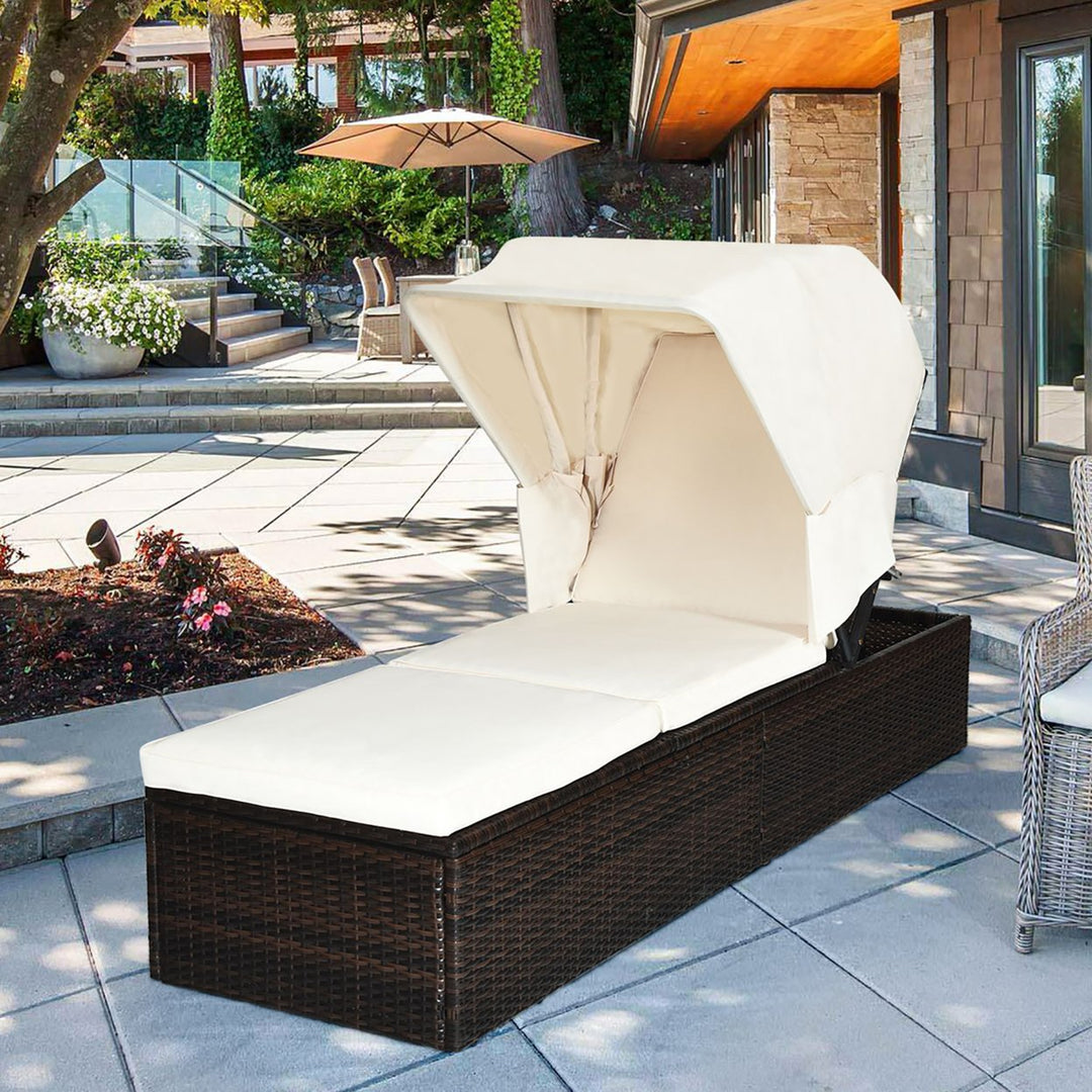 Patio Rattan Lounge Chair Chaise Cushioned Top Canopy Adjustable White Image 1