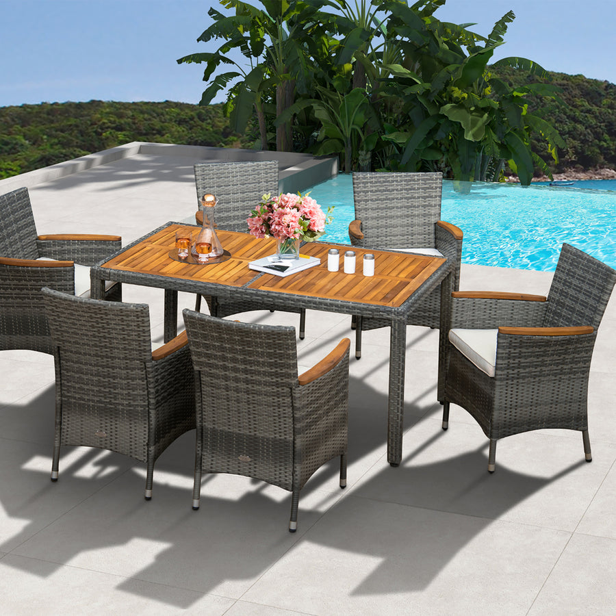 7PCS Outdoor Dining Set Patio Acacia Wood and Rattan Furniture Set w/ Cushions Image 1