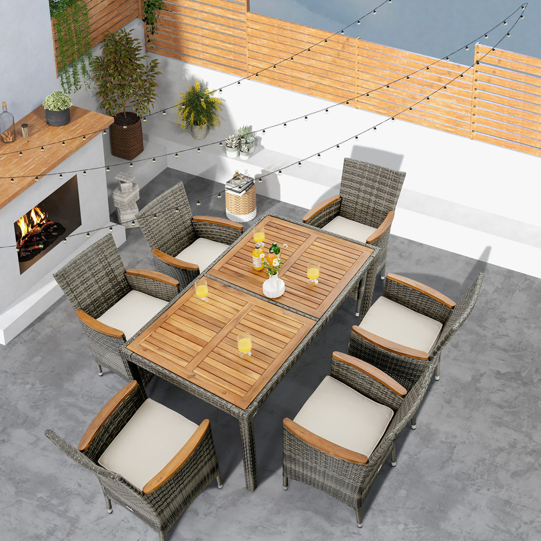 7PCS Outdoor Dining Set Patio Acacia Wood and Rattan Furniture Set w/ Cushions Image 10