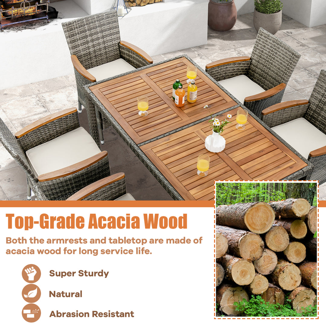 7PCS Outdoor Dining Set Patio Acacia Wood and Rattan Furniture Set w/ Cushions Image 4