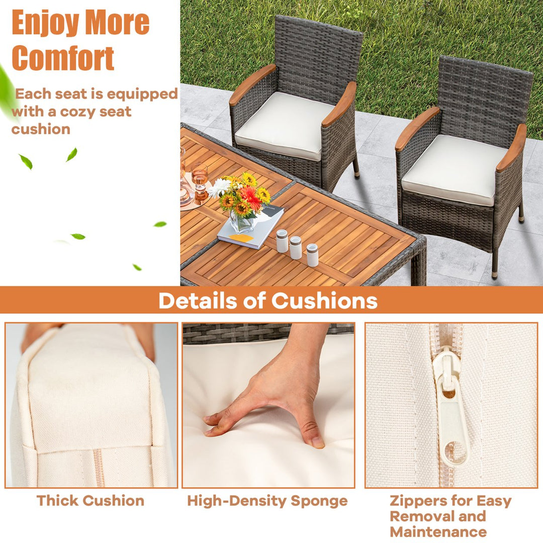 7PCS Outdoor Dining Set Patio Acacia Wood and Rattan Furniture Set w/ Cushions Image 5