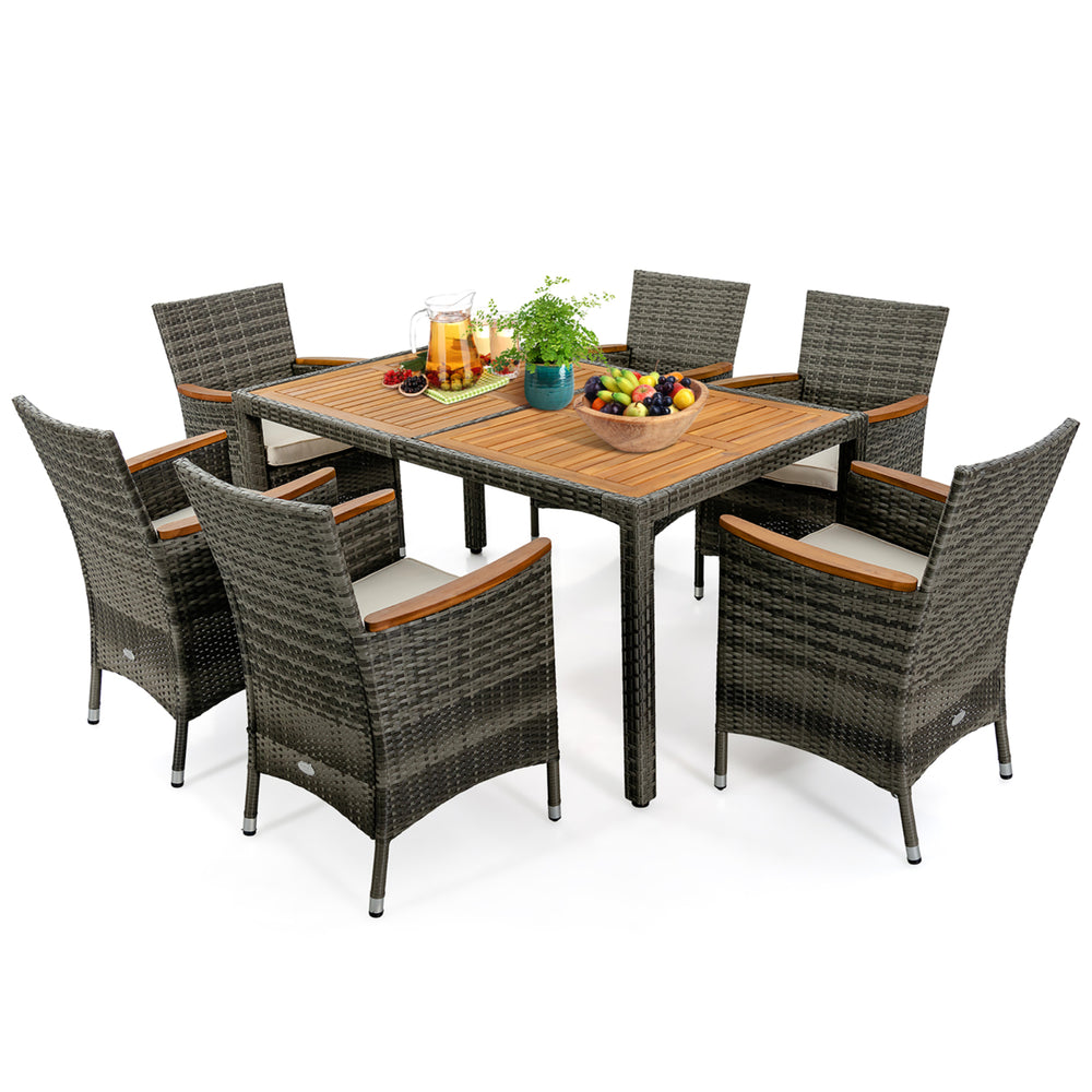 7PCS Outdoor Dining Set Patio Acacia Wood and Rattan Furniture Set w/ Cushions Image 2