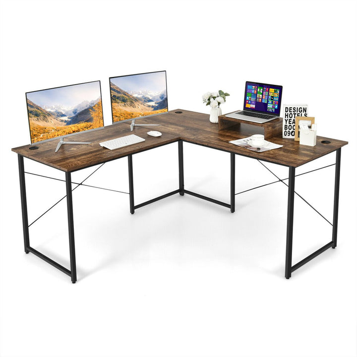 L-Shaped Reversible Computer Desk 2-Person Long Table w/Monitor Stand Image 7