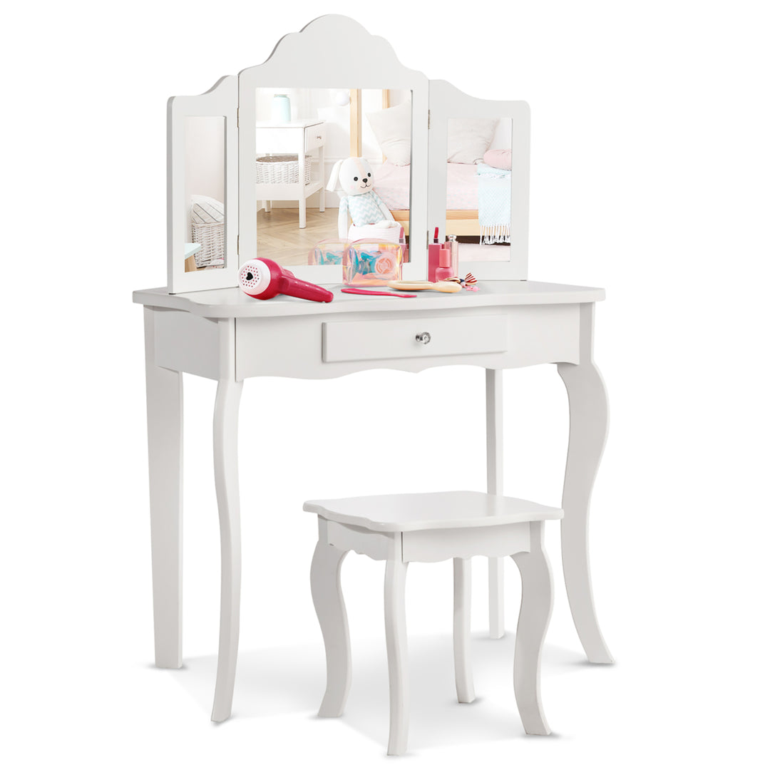 Vanity Table Set Makeup Dressing Table Kids Stool Mirror Image 8