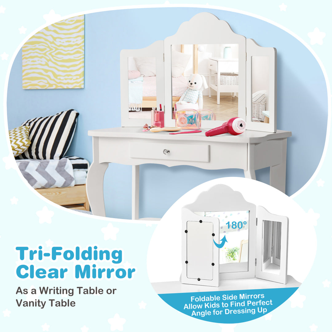 Vanity Table Set Makeup Dressing Table Kids Stool Mirror Image 5