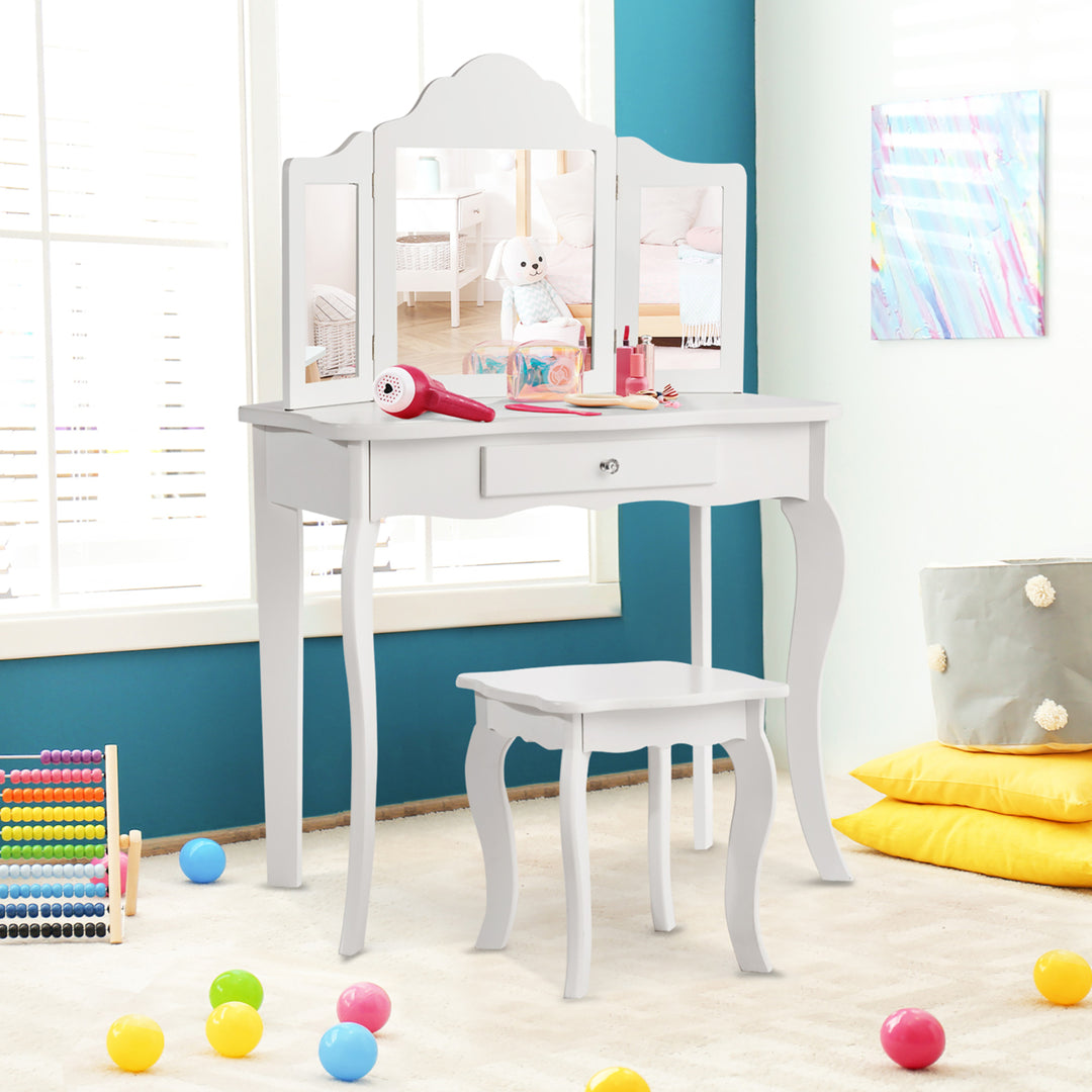 Vanity Table Set Makeup Dressing Table Kids Stool Mirror Image 7