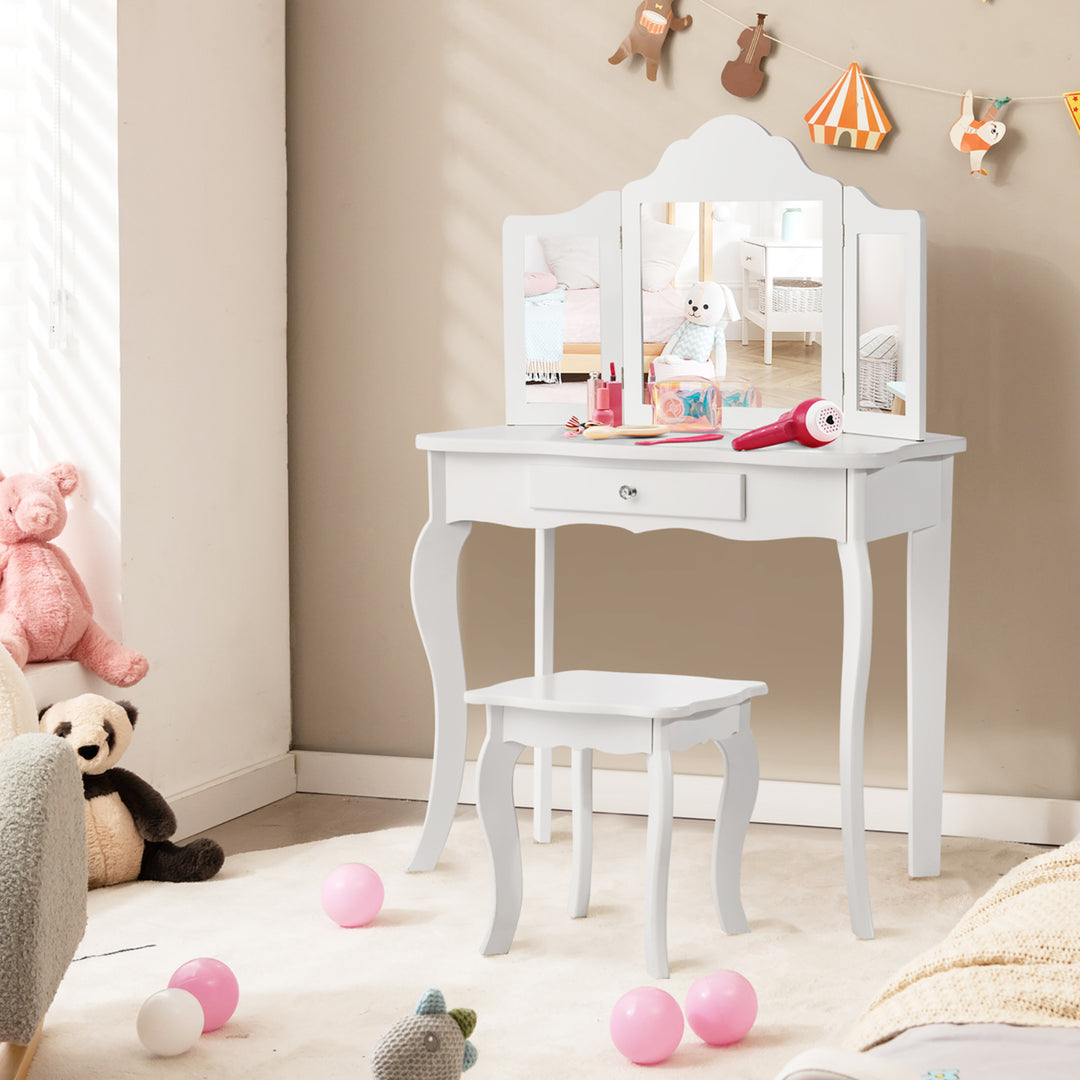 Vanity Table Set Makeup Dressing Table Kids Stool Mirror Image 1