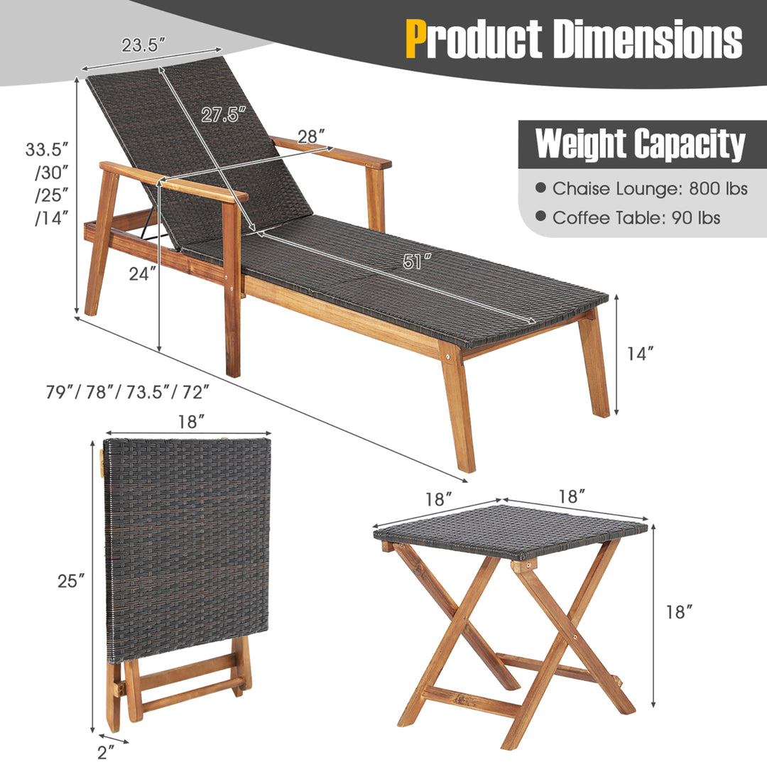 3PCS Outdoor Chaise Lounge Set Patio Yard w/ Side Table Adjustable Backrest Image 3