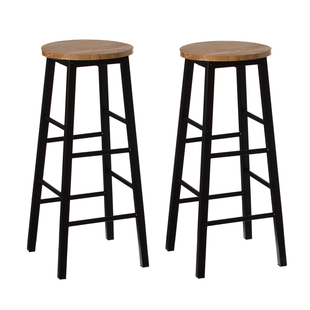 Rustic 28 Inch Wooden Round Bar Stool with Footrest Metal Indoor Outdoor Seating Image 1