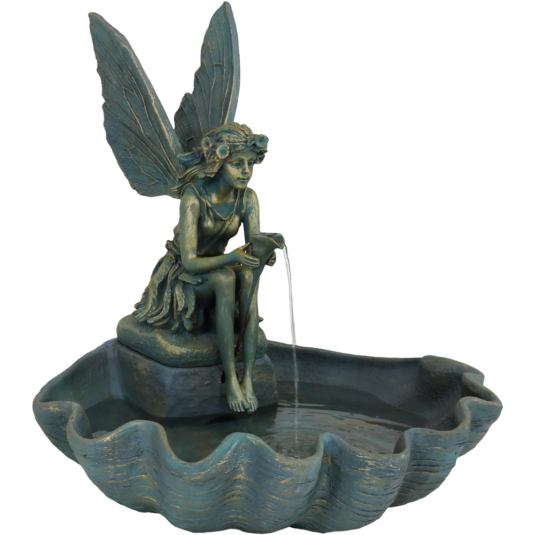 Sunnydaze Fiberglas Bronze Fairy Shell Outdoor Water Fountain - 30 in Image 1