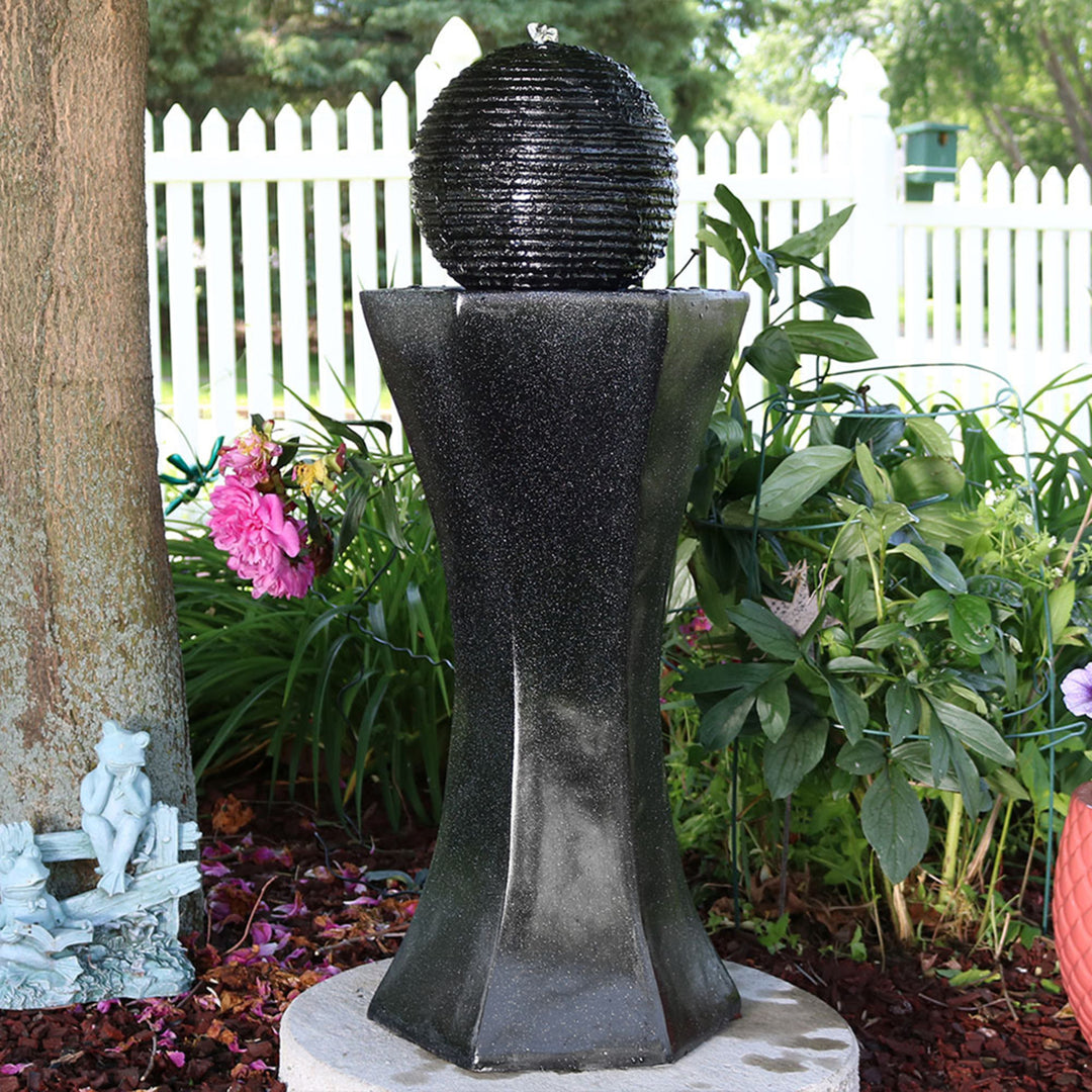 Sunnydaze Black Pedestal/Ball Solar Fountain with Battery/LED Light - 31 in Image 2