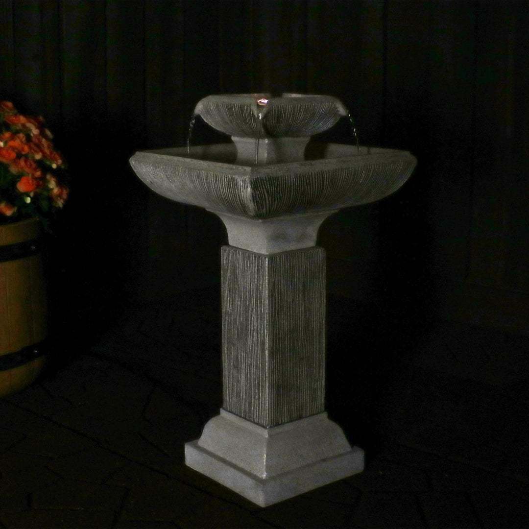 Sunnydaze Square Resin Outdoor 2-Tier Bird Bath Water Fountain with Lights Image 10