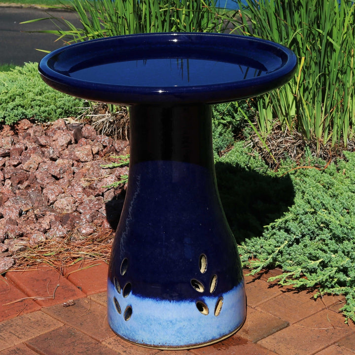 Classic Duo-Tone Cut-Out Ceramic Bird Bath - 20.5 in - Dark Blue by Sunnydaze Image 2