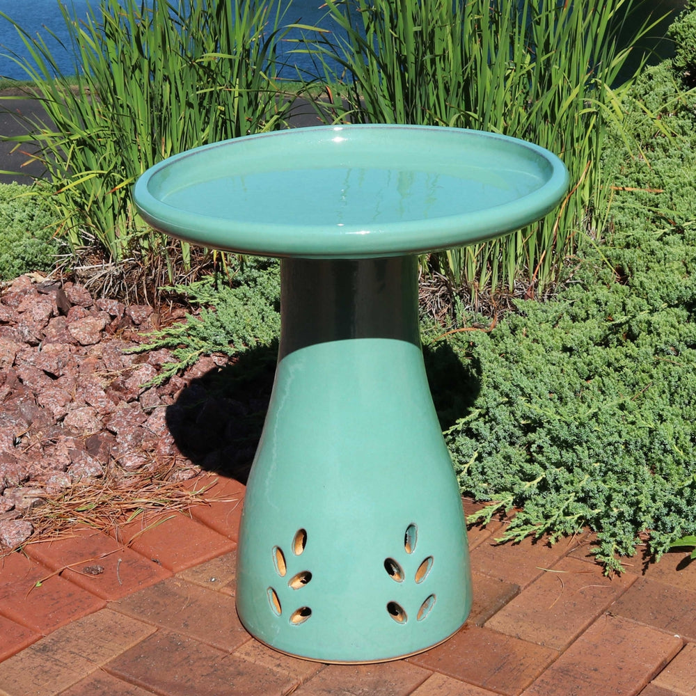 Classic Outdoor Cut-Out Ceramic Bird Bath - 20.5 in - Seafoam by Sunnydaze Image 2