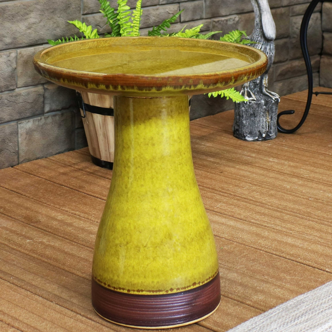 Duo-Tone Glazed Ceramic Bird Bath - 20.5 in - Cognac Yellow by Sunnydaze Image 2