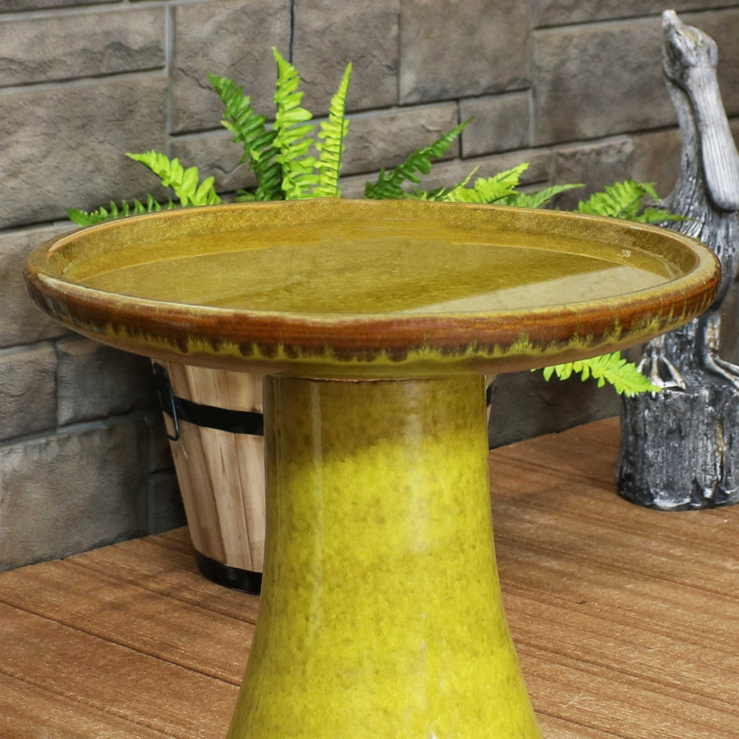 Duo-Tone Glazed Ceramic Bird Bath - 20.5 in - Cognac Yellow by Sunnydaze Image 7