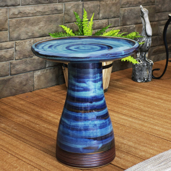 Duo-Tone Outdoor Glazed Ceramic Bird Bath - 20.5 in - Galaxy Blue by Sunnydaze Image 2