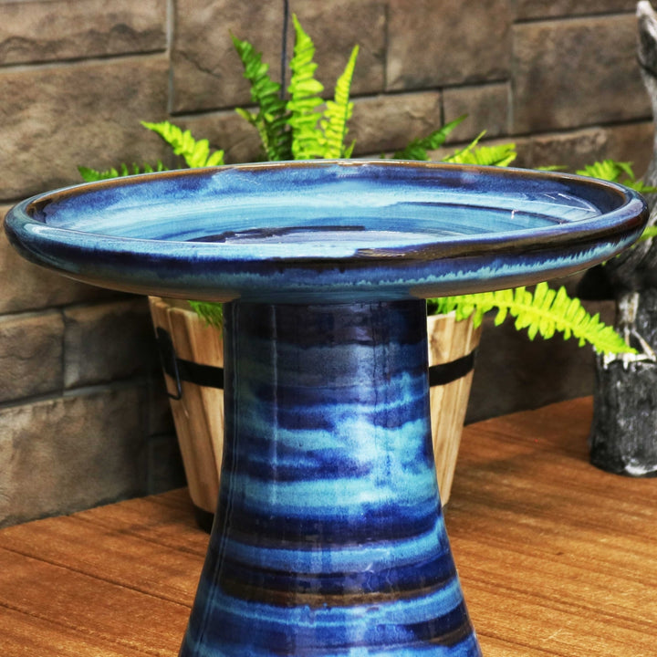 Duo-Tone Outdoor Glazed Ceramic Bird Bath - 20.5 in - Galaxy Blue by Sunnydaze Image 7