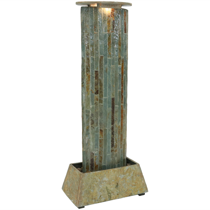 Sunnydaze Natural Slate Floor Water Fountain Tower with LED Lights - 49 in Image 1