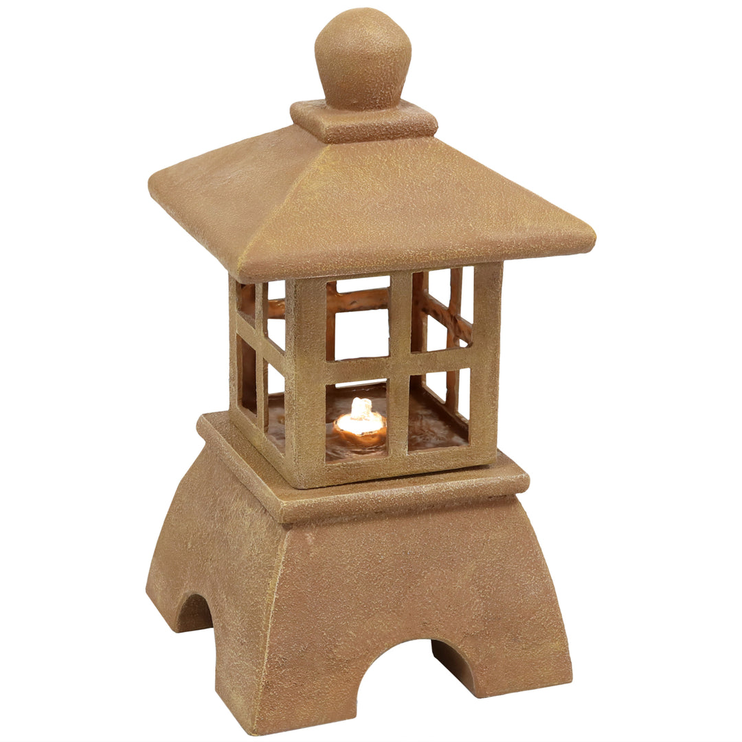 Sunnydaze Asian Pagoda Resin Outdoor Water Fountain with LED Lights - 23 in Image 1