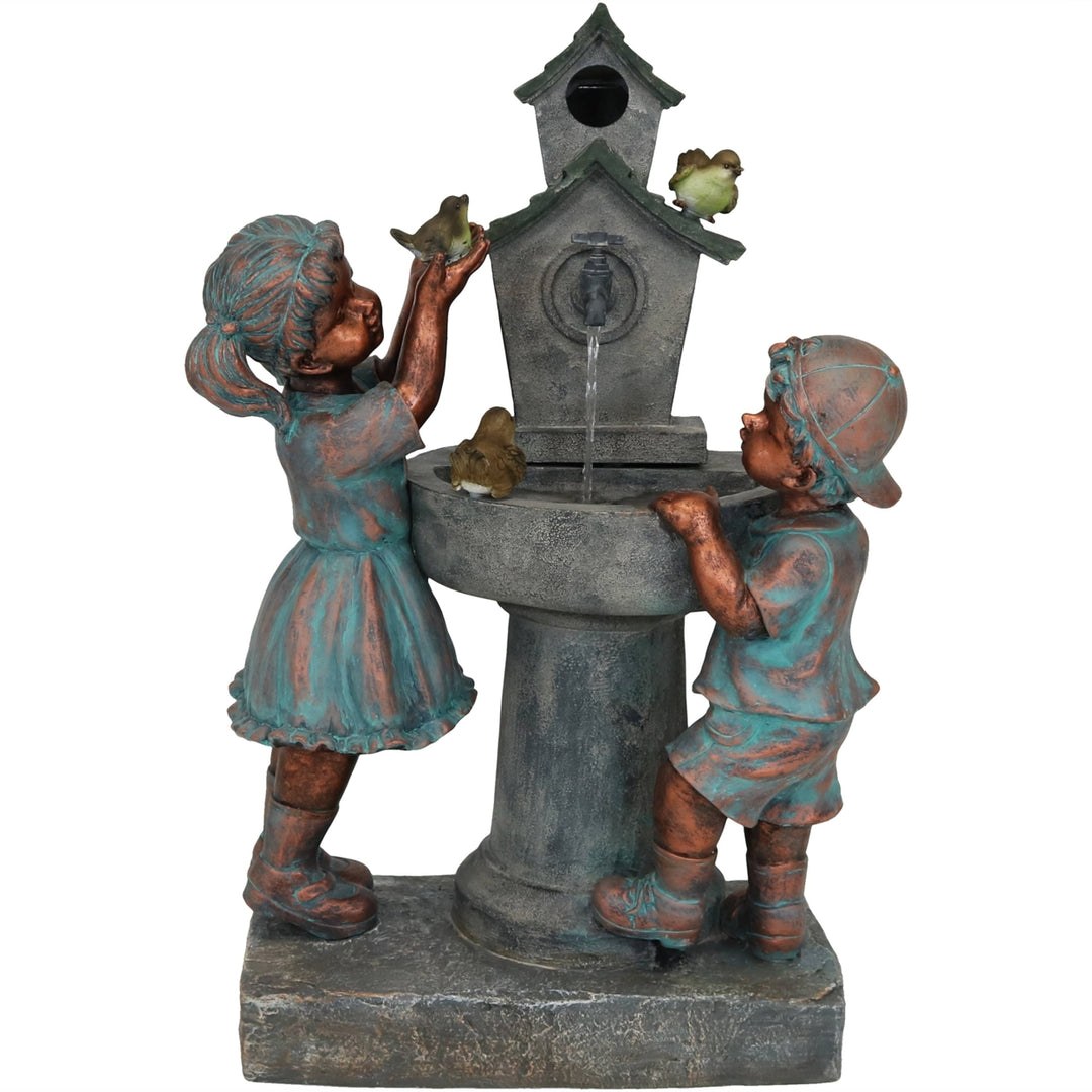 Sunnydaze Boy and Girl at Birdbath Water Fountain with LED Lights - 30 in Image 1